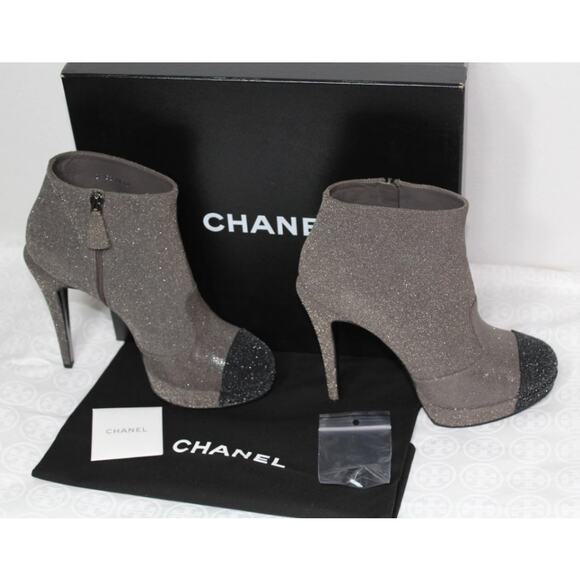 CHANEL GLITTER CAP TOE CC ANKLE BOOTS BOOTIES HEELS 39.5 AUTHENTIC BOX! - Picture 3 of 10